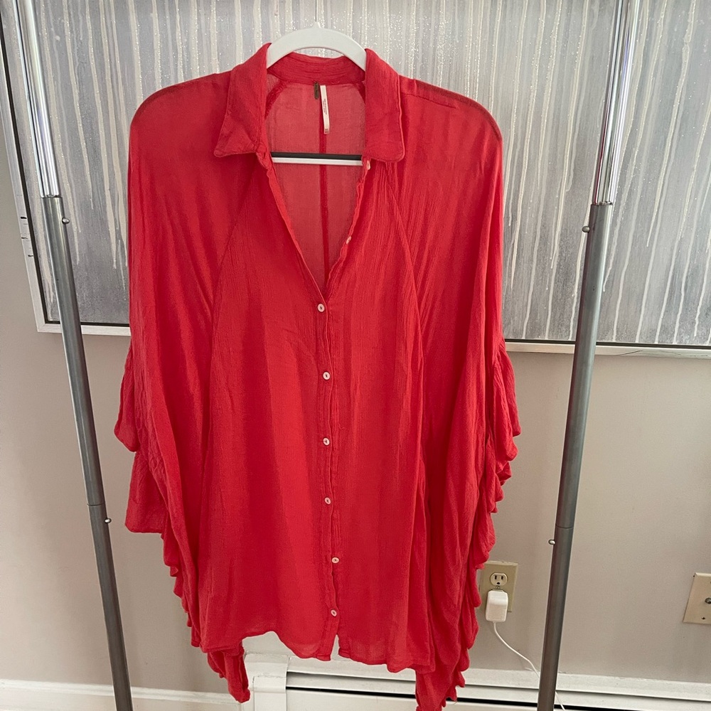 Free People Coral Ruffled Button Down Tunic